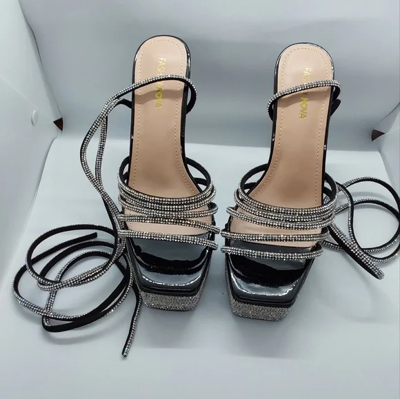 Fashion Nova Black Stiletto Heels with Rhinestone Platform - Picture 5 of 5